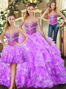 Enchanting Sleeveless Organza Floor Length Lace Up Quinceanera Gowns in Lilac with Beading and Ruffles