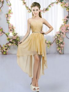 Excellent Sleeveless High Low Beading Lace Up Damas Dress with Gold