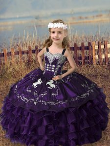On Sale Purple Ball Gowns Organza Straps Sleeveless Embroidery and Ruffled Layers Floor Length Lace Up Kids Pageant Dress