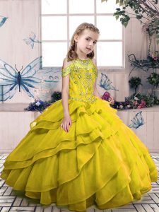 Latest High-neck Sleeveless Kids Formal Wear Floor Length Beading and Ruffled Layers Olive Green Organza