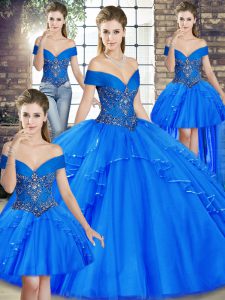Super Off The Shoulder Sleeveless Sweet 16 Dresses Floor Length Beading and Ruffles Royal Blue Tulle