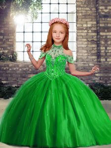 Best Tulle High-neck Sleeveless Lace Up Beading Kids Pageant Dress in 