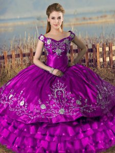 Smart Purple Off The Shoulder Lace Up Embroidery and Ruffled Layers 15 Quinceanera Dress Sleeveless