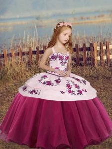  Embroidery and Bowknot Little Girls Pageant Dress Wholesale Fuchsia Lace Up Sleeveless Floor Length