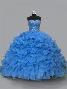  Ball Gowns 15 Quinceanera Dress Blue Sweetheart Organza Sleeveless Floor Length Lace Up