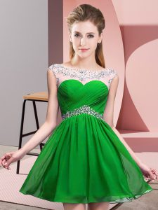 Pretty Green Chiffon Backless Prom Dress Sleeveless Mini Length Beading and Ruching
