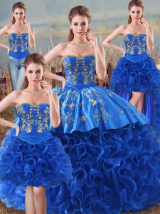  Royal Blue Ball Gowns Sweetheart Sleeveless Fabric With Rolling Flowers Floor Length Lace Up Embroidery and Ruffles 15 Quinceanera Dress
