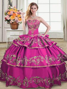  Fuchsia Ball Gowns Embroidery and Ruffled Layers Quince Ball Gowns Lace Up Satin and Organza Sleeveless Floor Length
