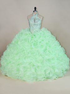 Stunning Yellow Green Fabric With Rolling Flowers Lace Up Halter Top Sleeveless Sweet 16 Quinceanera Dress Beading and Ruffles