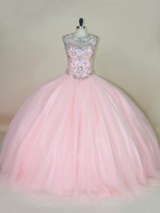  Baby Pink Lace Up Quince Ball Gowns Beading Sleeveless