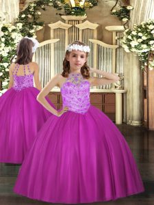  Halter Top Sleeveless Lace Up Little Girls Pageant Gowns Fuchsia Tulle