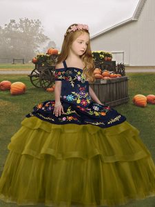 Unique Sleeveless Lace Up Floor Length Embroidery and Ruffled Layers Kids Formal Wear