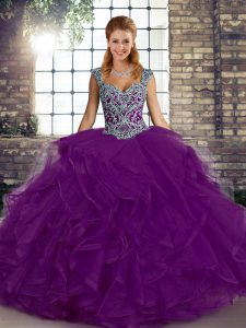  Straps Sleeveless Tulle Quinceanera Gowns Beading and Ruffles Lace Up