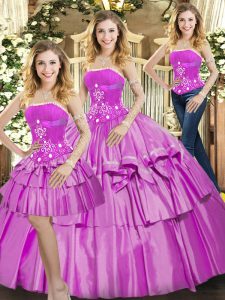 Super Lilac Strapless Lace Up Beading and Ruffled Layers Vestidos de Quinceanera Sleeveless