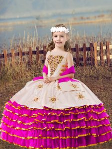 Perfect Sleeveless Lace Up Floor Length Beading and Embroidery and Ruffled Layers Girls Pageant Dresses