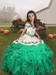  Turquoise Sleeveless Floor Length Embroidery and Ruffles Lace Up Girls Pageant Dresses