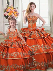  Orange Satin and Organza Lace Up Sweet 16 Dresses Sleeveless Floor Length Embroidery and Ruffled Layers