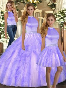 Pretty Lavender Backless 15 Quinceanera Dress Beading and Ruffles Sleeveless Floor Length
