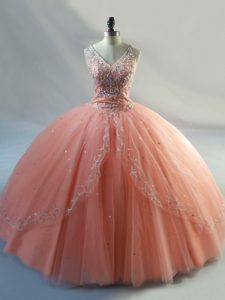 Chic Beading Sweet 16 Dress Peach Lace Up Sleeveless Floor Length