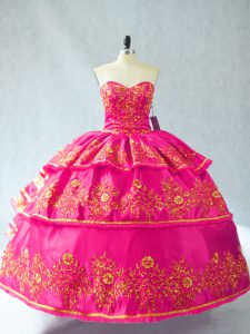 Stunning Hot Pink Sleeveless Embroidery and Ruffled Layers Ball Gown Prom Dress