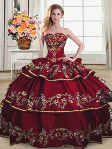 Nice Floor Length Wine Red 15th Birthday Dress Organza Sleeveless Embroidery and Ruffled Layers