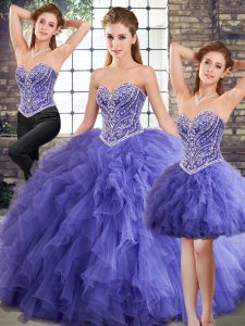  Lavender Three Pieces Sweetheart Sleeveless Tulle Floor Length Lace Up Beading and Ruffles Quinceanera Dress