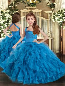 Beauteous Blue Straps Neckline Ruffles Little Girls Pageant Dress Sleeveless Lace Up