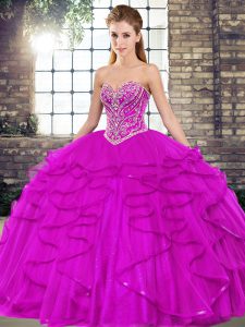 Custom Design Ball Gowns Ball Gown Prom Dress Fuchsia Sweetheart Tulle Sleeveless Floor Length Lace Up