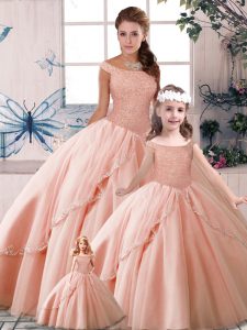 Captivating Peach Tulle Lace Up Off The Shoulder Sleeveless Quinceanera Dress Brush Train Beading