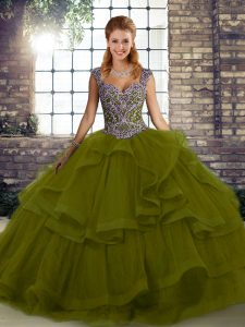  Olive Green Sleeveless Floor Length Beading and Ruffles Lace Up Quinceanera Gowns