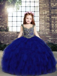 Customized Royal Blue Straps Neckline Beading and Ruffles Child Pageant Dress Sleeveless Lace Up