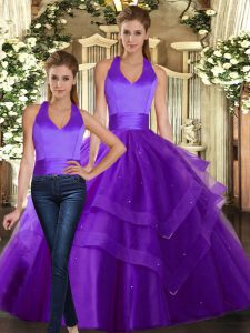  Purple Sleeveless Tulle Lace Up Quinceanera Gown for Sweet 16 and Quinceanera