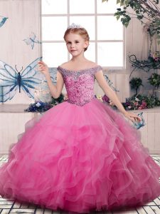 Hot Sale Pink Sleeveless Floor Length Beading and Ruffles Lace Up Child Pageant Dress