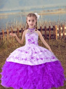 High End Floor Length Lavender Pageant Gowns For Girls Halter Top Sleeveless Lace Up