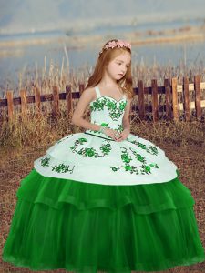 Custom Design Straps Sleeveless Little Girl Pageant Gowns Floor Length Embroidery Green Tulle