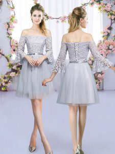  Grey Empire Lace and Belt Quinceanera Dama Dress Lace Up Tulle 3 4 Length Sleeve Mini Length