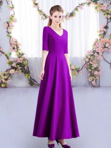  V-neck Half Sleeves Quinceanera Court Dresses Ankle Length Ruching Eggplant Purple Satin