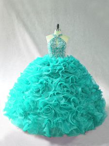 Attractive Aqua Blue Ball Gowns Halter Top Sleeveless Organza Brush Train Lace Up Beading and Ruffles Vestidos de Quinceanera