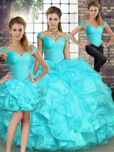  Aqua Blue Organza Lace Up Off The Shoulder Sleeveless Floor Length Quince Ball Gowns Beading and Ruffles
