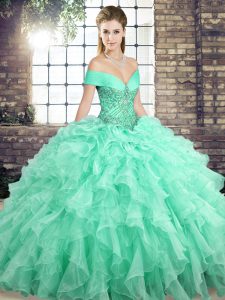  Lace Up Sweet 16 Dresses Apple Green for Military Ball and Sweet 16 and Quinceanera with Beading and Ruffles Brush Train