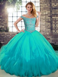  Off The Shoulder Sleeveless Lace Up Quinceanera Dress Aqua Blue Tulle