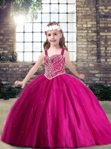  Fuchsia Lace Up Kids Formal Wear Beading Sleeveless Floor Length