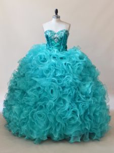  Aqua Blue Fabric With Rolling Flowers Quinceanera Gowns Sleeveless Floor Length Ruffles and Sequins
