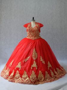  Beading and Appliques Sweet 16 Dresses Red Lace Up Sleeveless Court Train
