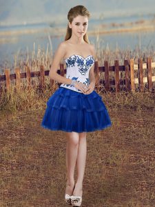 Comfortable Royal Blue Organza Lace Up Prom Dress Sleeveless Mini Length Embroidery and Ruffled Layers