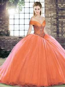 Top Selling Beading Quince Ball Gowns Orange Red Lace Up Sleeveless Brush Train