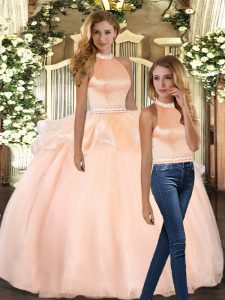  Peach Organza Backless Halter Top Sleeveless Floor Length 15 Quinceanera Dress Beading