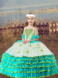 Nice Floor Length Ball Gowns Sleeveless Aqua Blue Little Girls Pageant Gowns Lace Up
