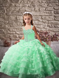 Exquisite Apple Green Little Girls Pageant Gowns Organza Brush Train Sleeveless Beading and Ruffled Layers