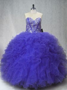 Comfortable Beading and Ruffles Quinceanera Gown Purple Lace Up Sleeveless Floor Length